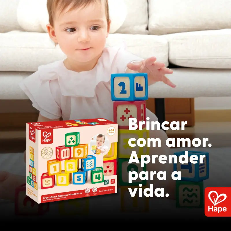 Blocos de Madeira e Silicone para Bebê: Empilhar e Aprender 6 Meses+ | Hape