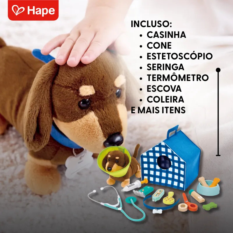 Kit 16 peças Veterinário Infantil de Madeira com Cachorro Eletrônico e Sons | Hape