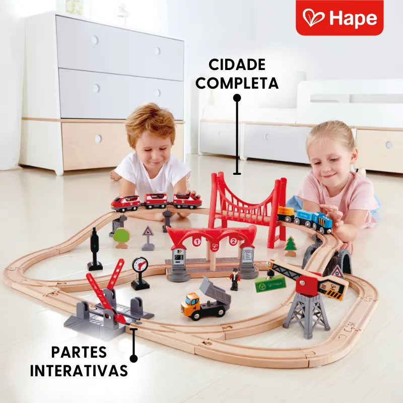 Pista de Trem de Madeira Cidade e Carga 51 Peças | HAPE