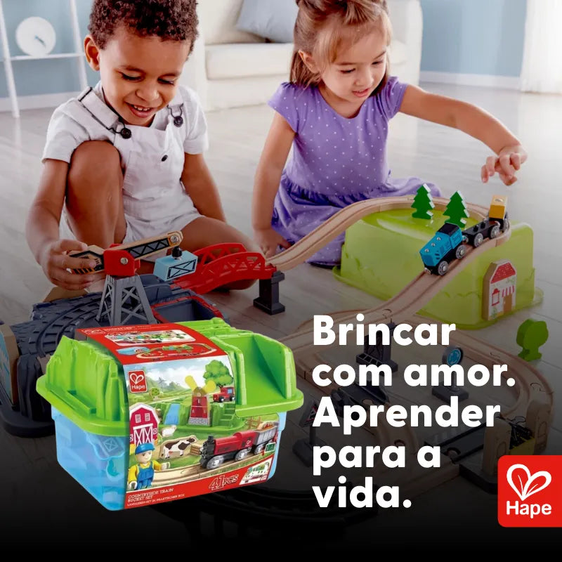 Conjunto de Trem de Madeira 50 Peças Engenharia com Guindaste Magnético