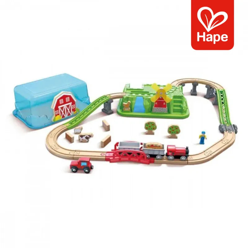 Pista de Trem de Madeira Fazenda com Caixa de Armazenamento 41 Peças | HAPE