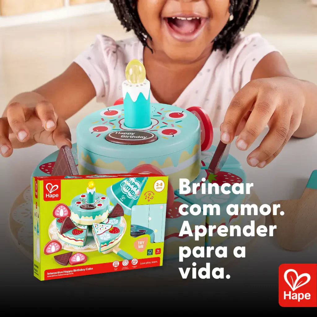 Bolo de aniversário de madeira interativo mágico com vela musical que sai quando sopra - Hape