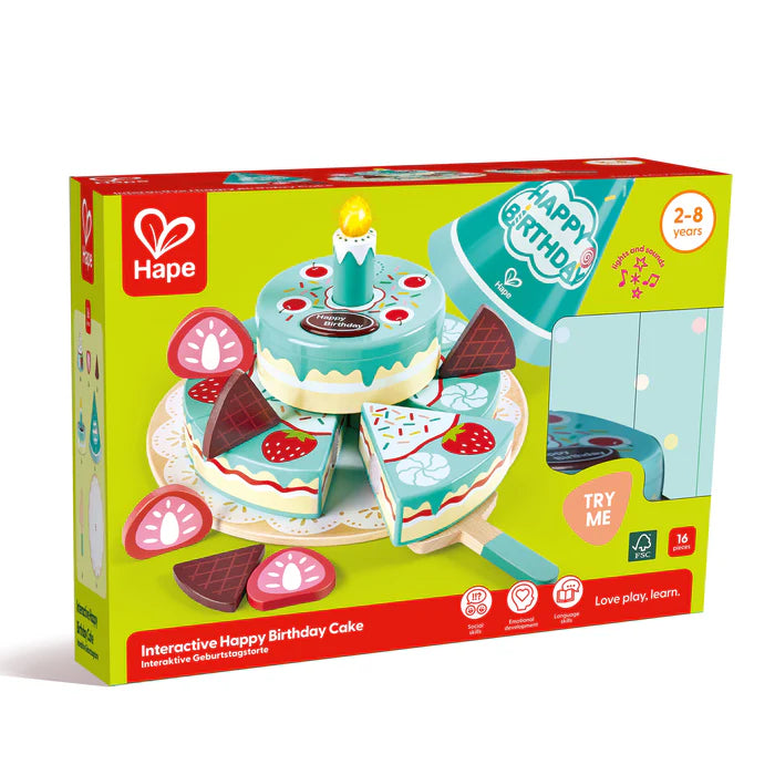 Bolo de aniversário de madeira interativo mágico com vela musical que sai quando sopra - Hape