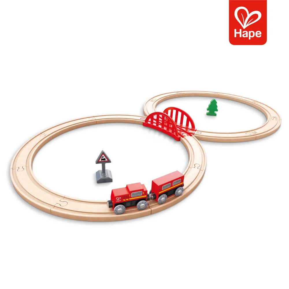 Conjunto Ferroviário Clássico Formato 8 Hape com trilhos de madeira, ponte e locomotiva
