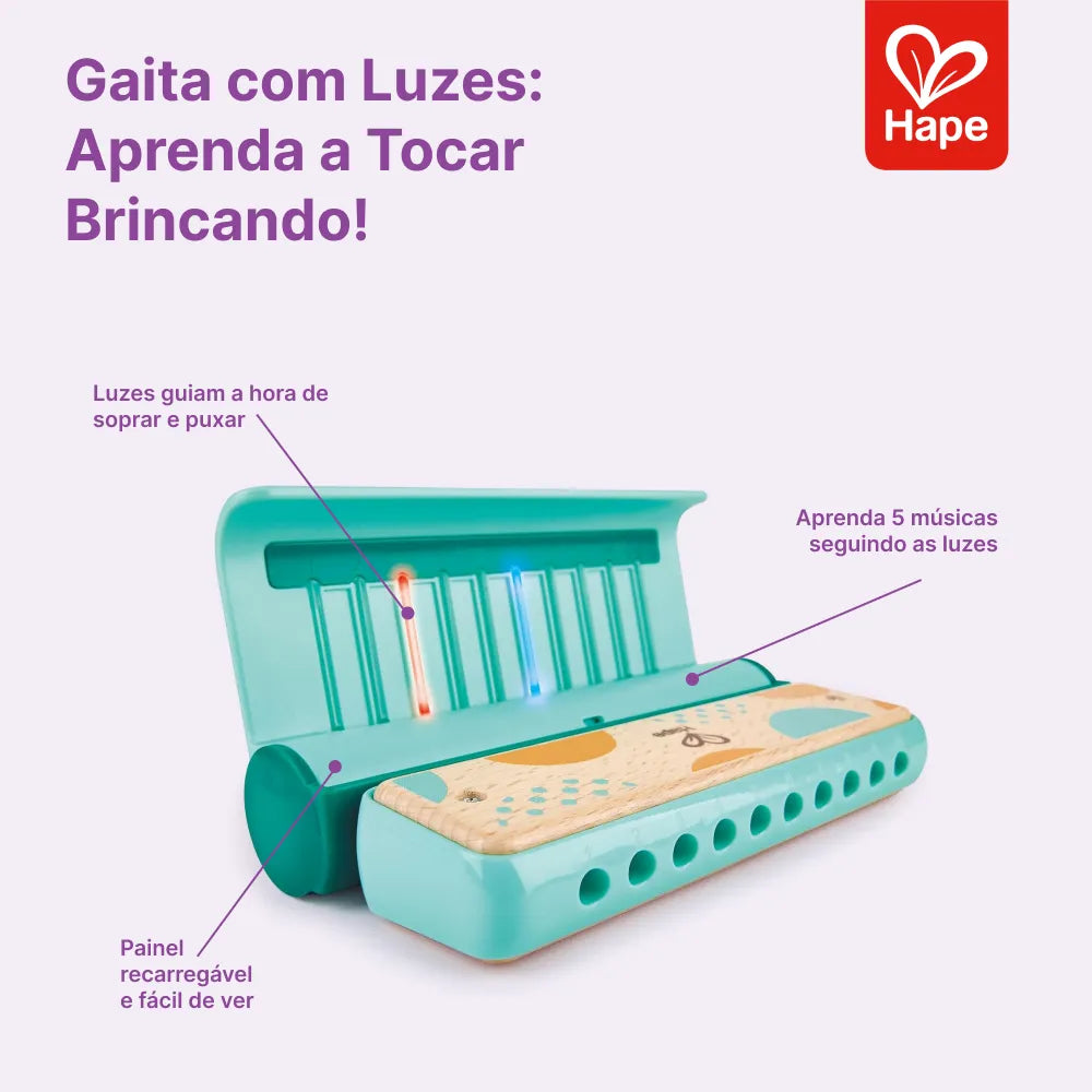 Infográfico da Gaita Aprender com Luzes Hape com painel luminoso e modos de tocar
