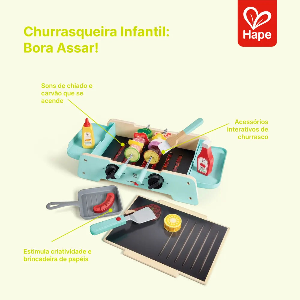 Infográfico da Churrasqueira e Chapa de Grelhar Hape com sons de chiado e efeito de brasas