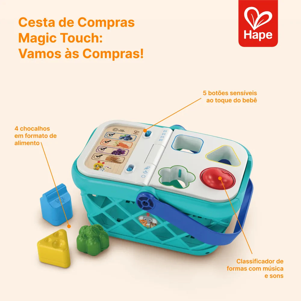 Infográfico da Cesta de Compras Magic Touch Hape com encaixe de formas, botões e chocalhos
