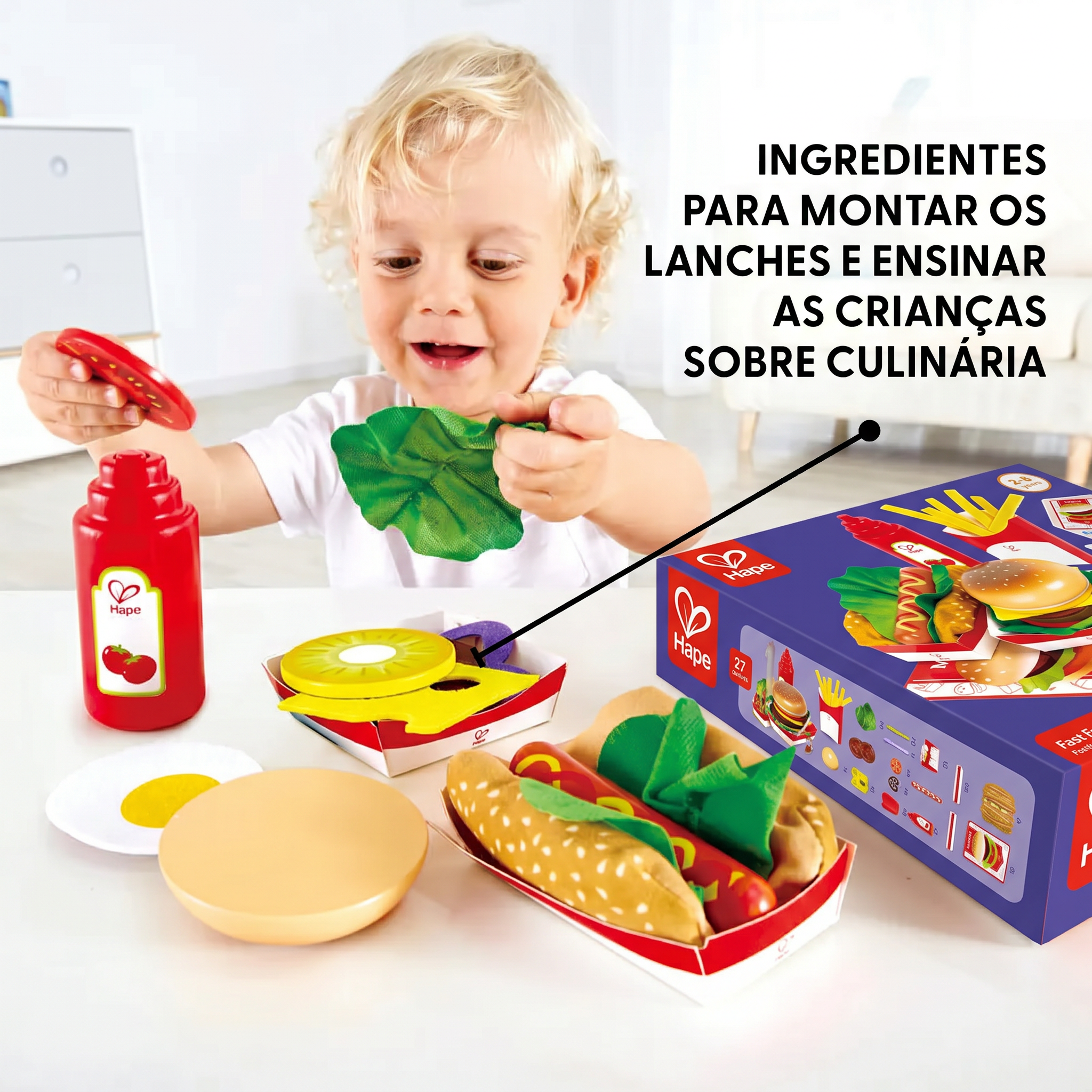 Kit Fast Food Infantil de Madeira e Feltro: Hambúrguer, Hot Dog e Batata Frita | Hape