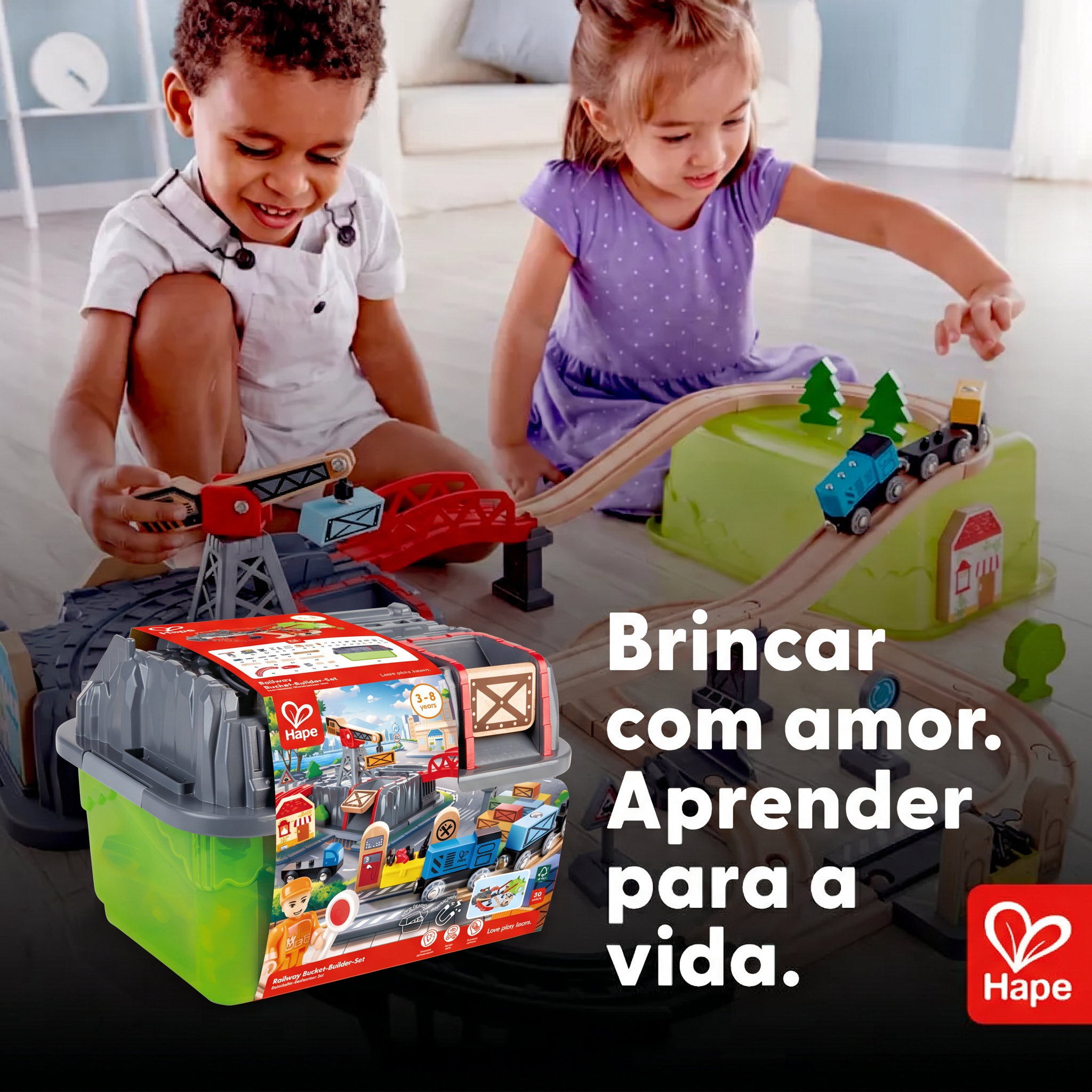Conjunto de Trem de Madeira 50 Peças Engenharia com Guindaste Magnético