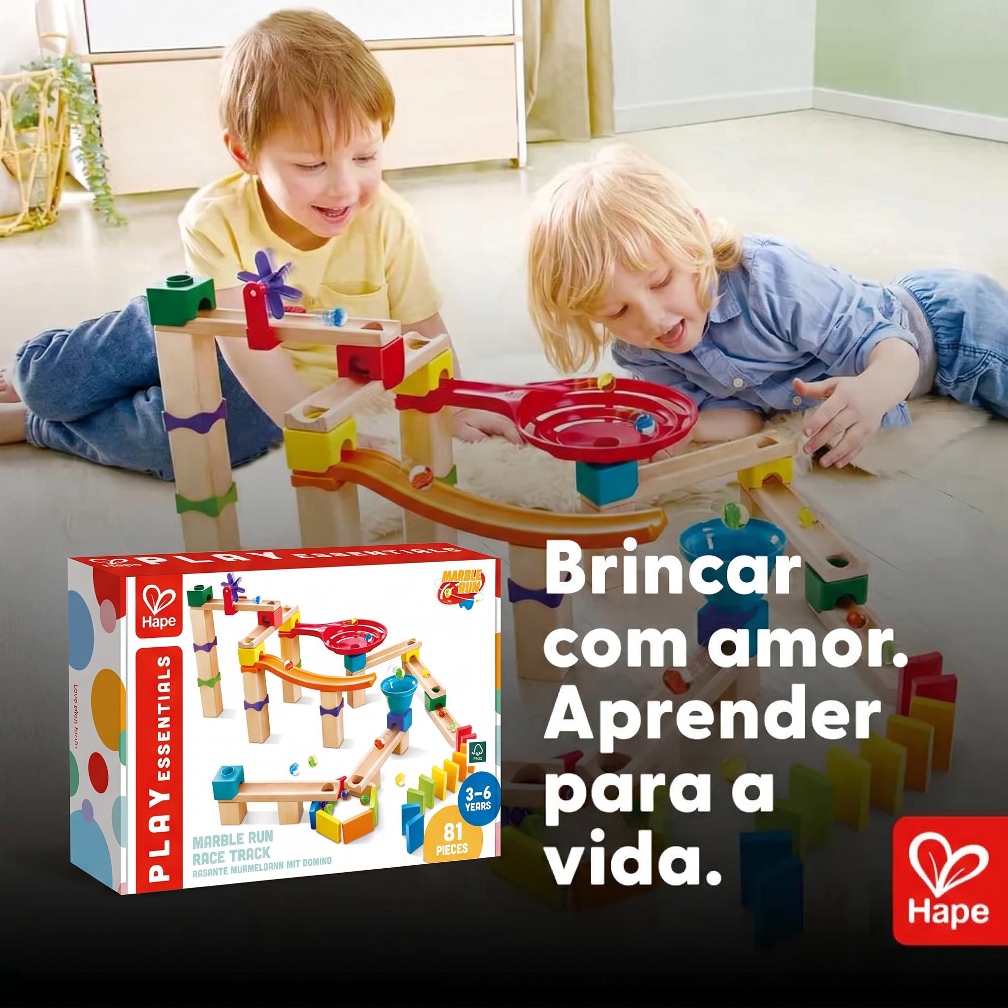 Pista de Corrida de Bolinhas de Gude de Madeira DIY com Dominó e Sino | HAPE