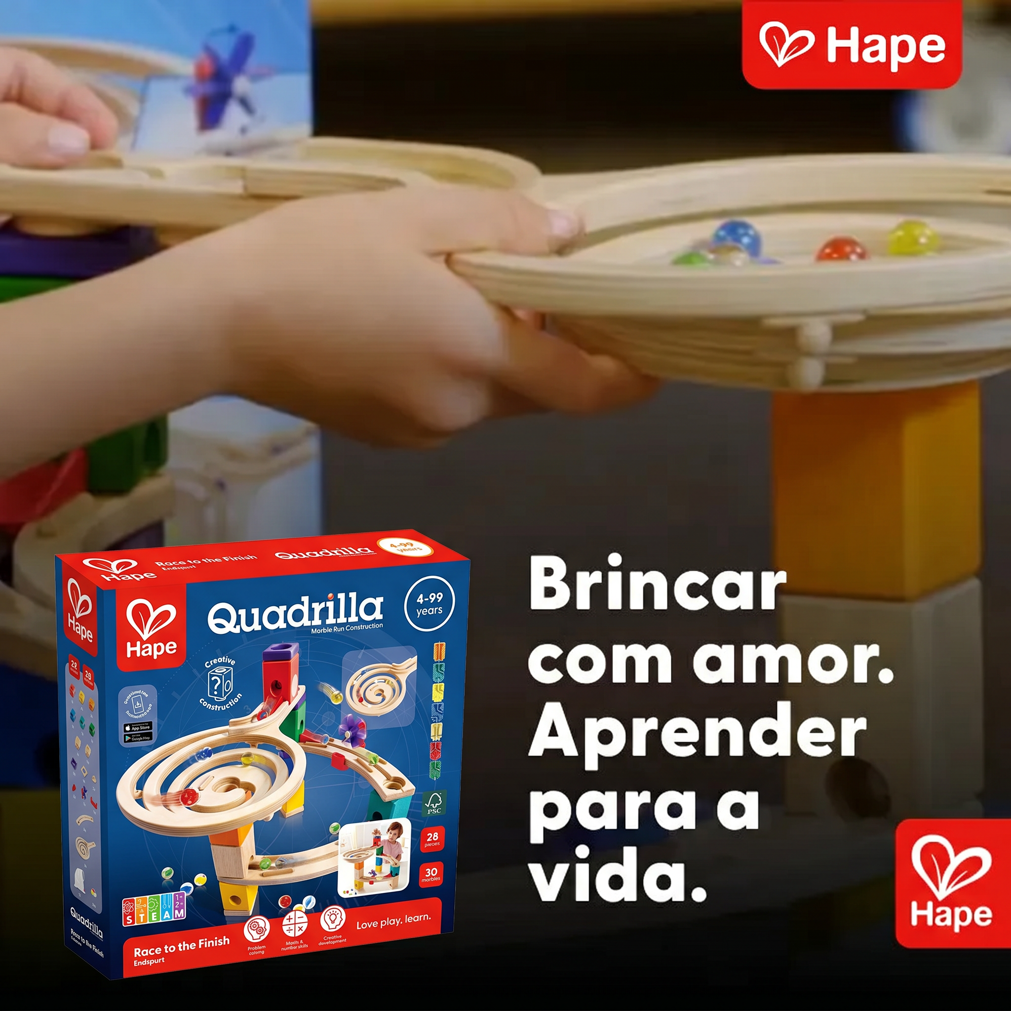 Pista de Corrida de Bolinhas de Gude de Madeira Race to the Finish 58 Peças | HAPE