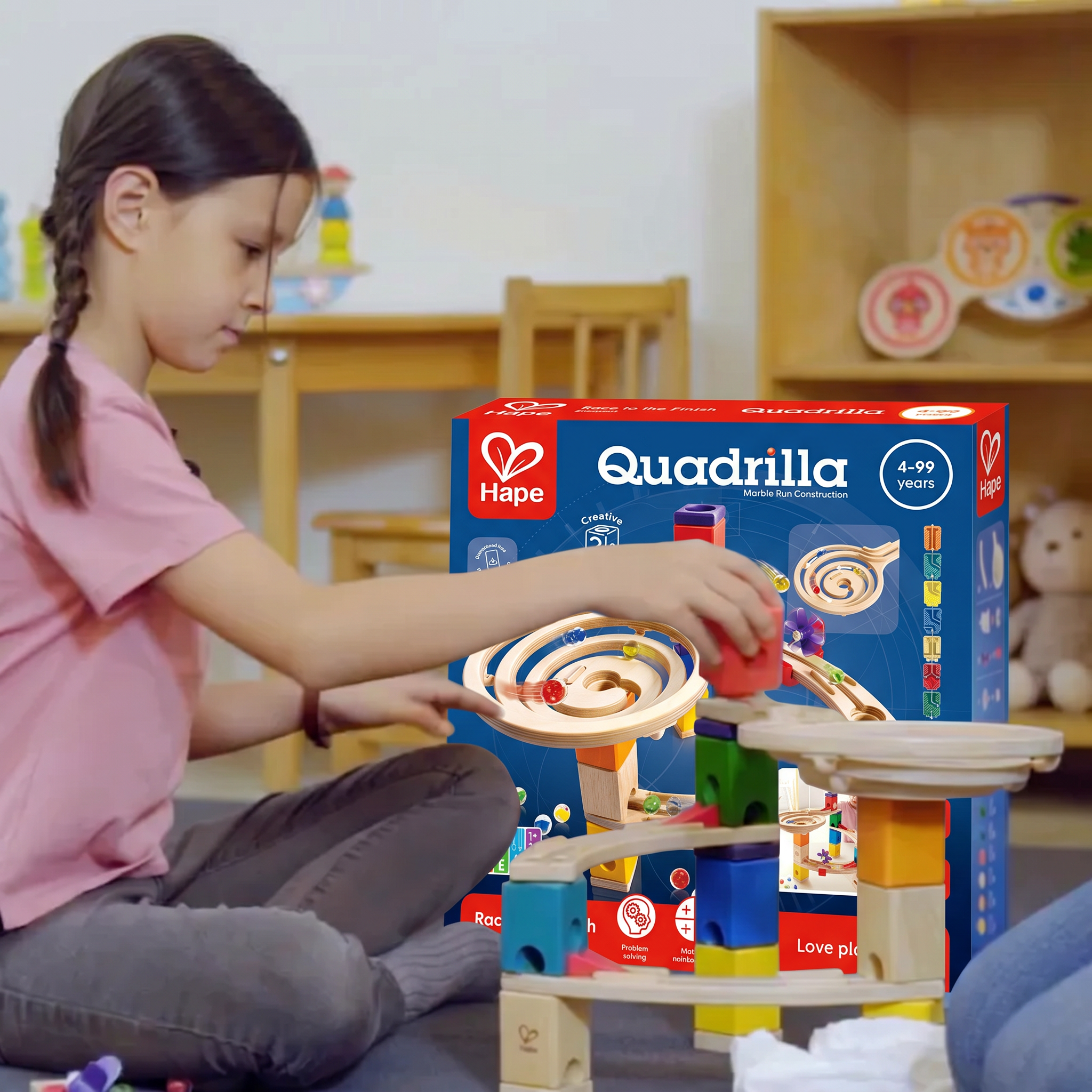 Pista de Corrida de Bolinhas de Gude de Madeira Race to the Finish 58 Peças | HAPE