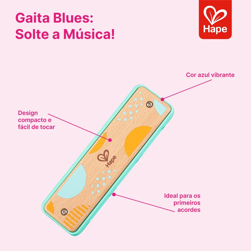 Infográfico da Gaita Blues Azul Hape com furos numerados e madeira de faia