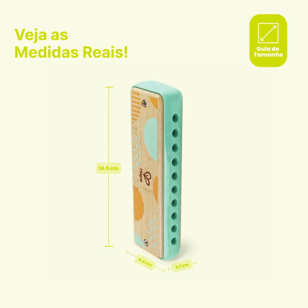 Medidas da Gaita Blues Azul Hape: 14,5 x 4,4 x 2,8 cm