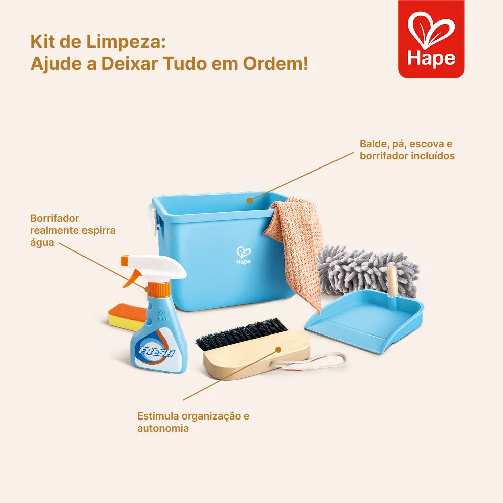 Infográfico do Conjunto Balde de Limpeza Hape com as peças do kit