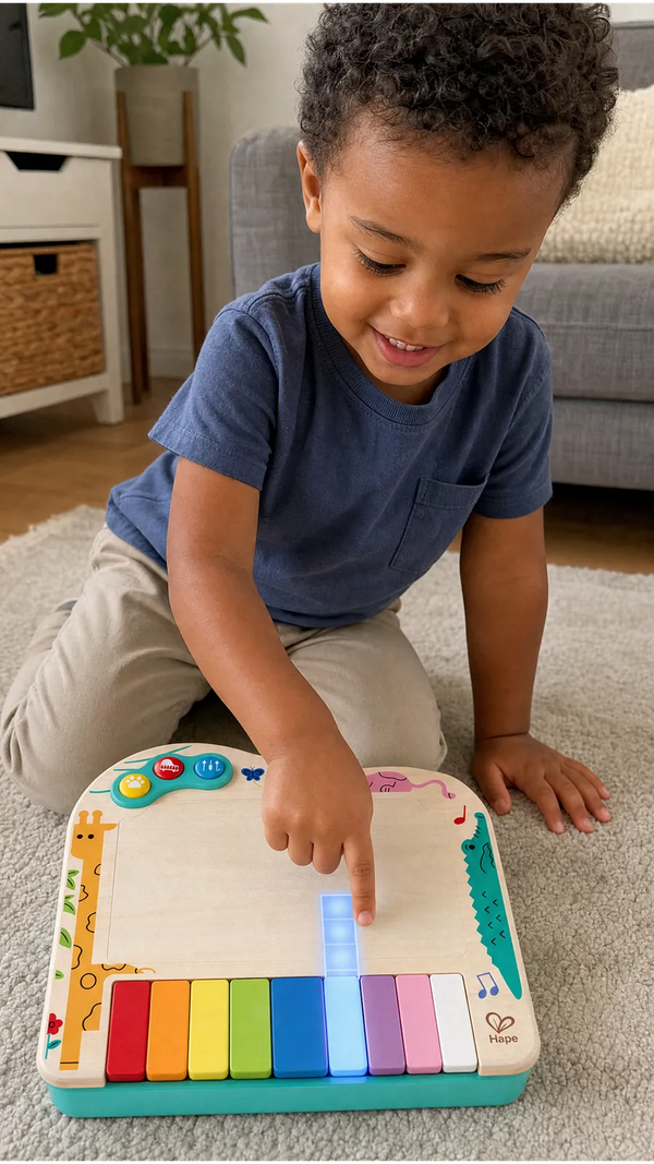 Menino brincando com o piano de pixels Hape no tapete da sala