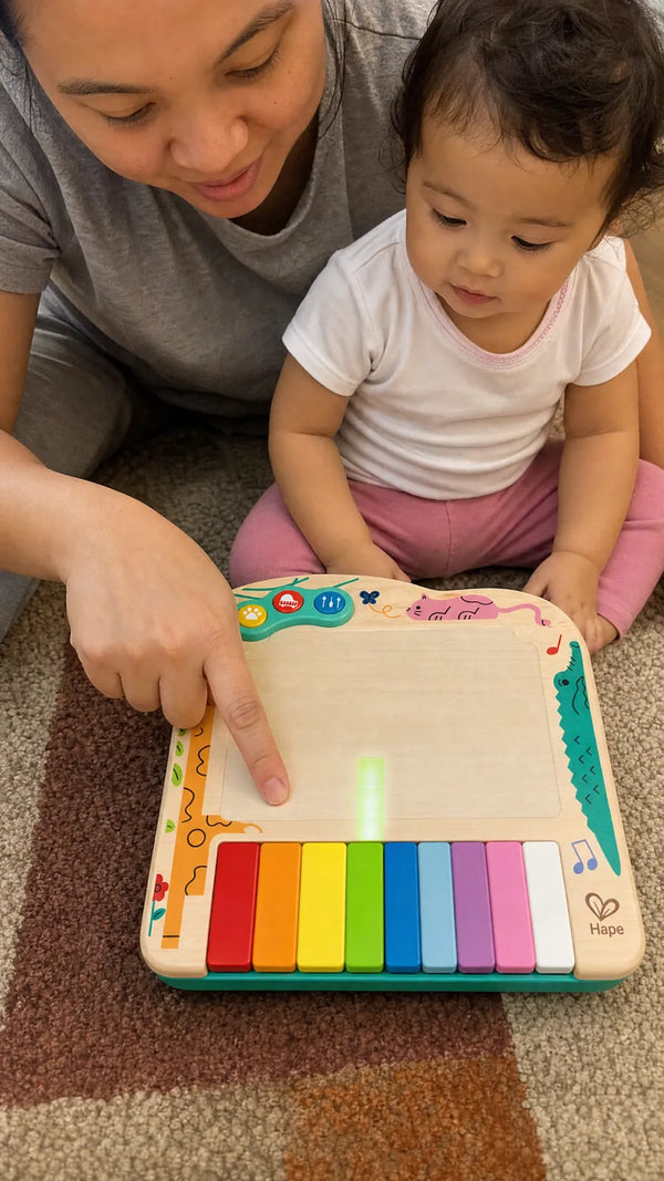 Mãe e bebê tocando juntos o piano de pixels Hape