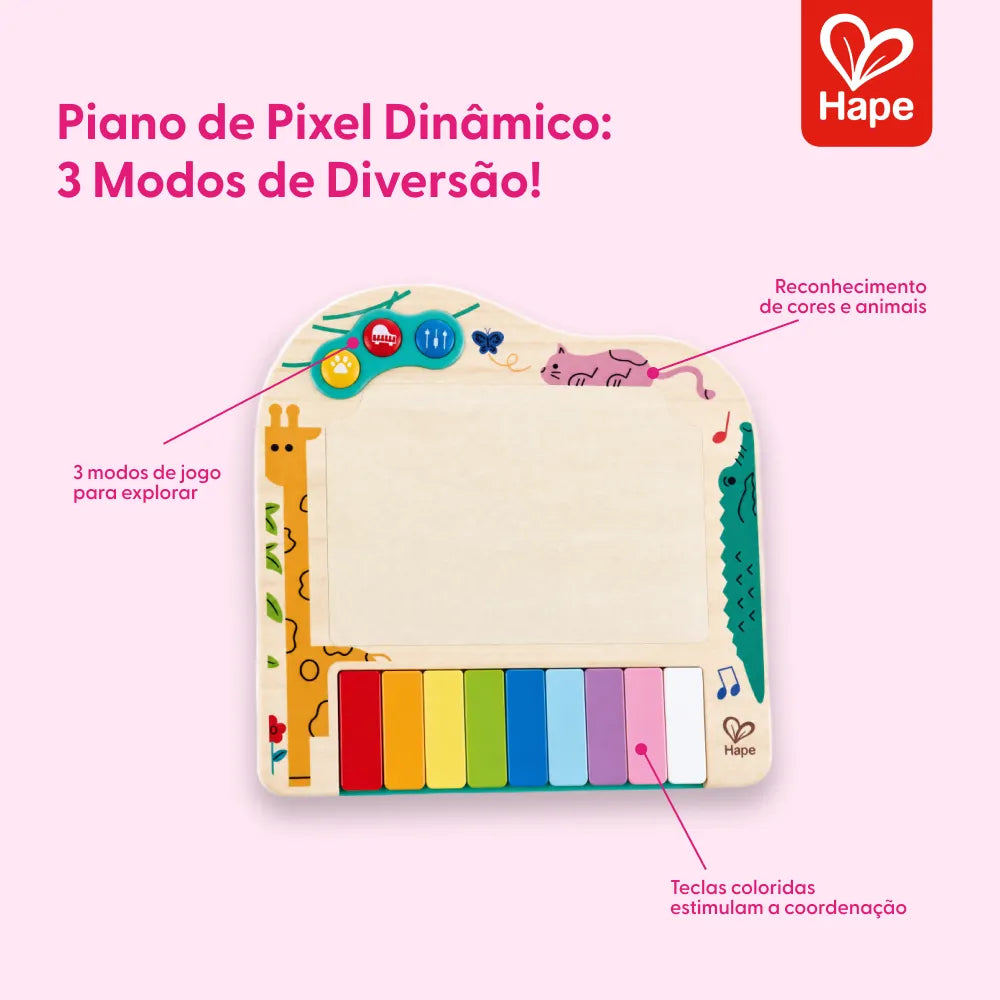Infográfico do piano de pixels Hape com os 3 modos de brincar