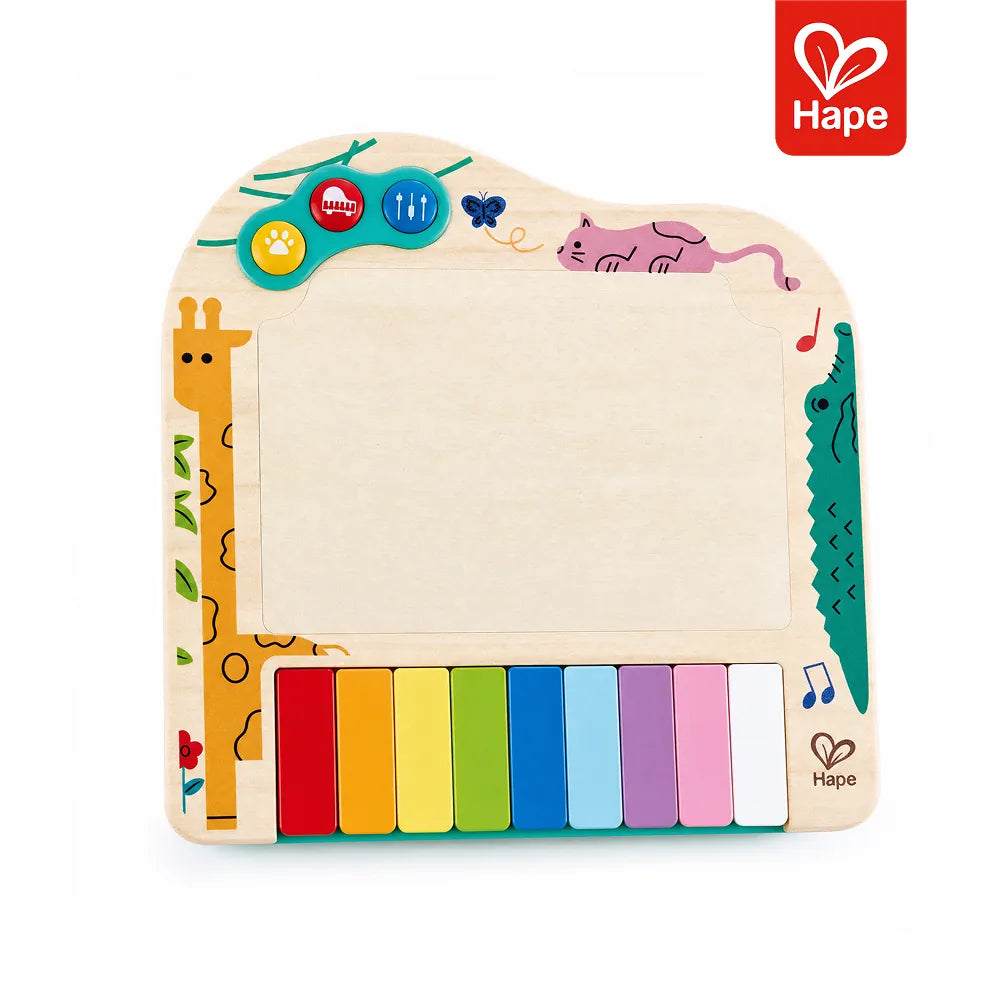 Piano de pixels Hape visto de frente com girafa, crocodilo e teclas coloridas