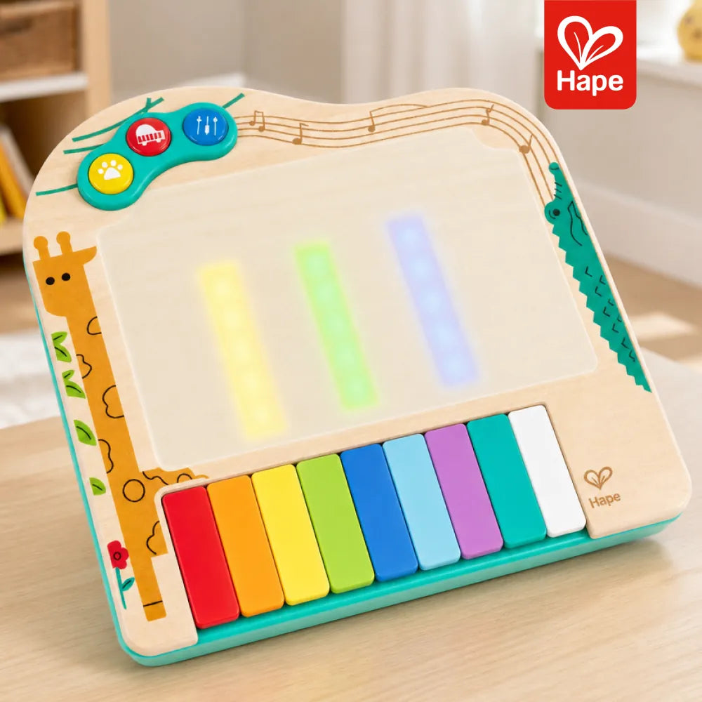Tela de pixels do piano Hape acesa em verde, amarelo e azul