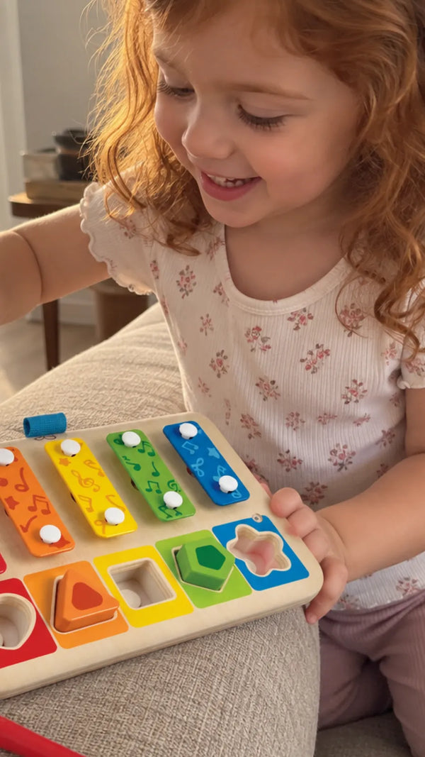 Cliente com o Xilofone Classificador de Formas Hape 1